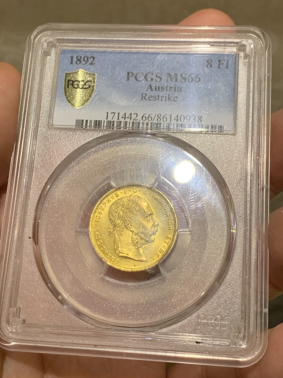 《竞宝斋》第53场（献给最美的劳动者，祝五一快乐！）-本周日，周一2场连拍（全场不限金额包邮） PCGS MS66 奥匈帝国 1892年 8福林20法郎金币 少见双面额 又名贸易金 6.45克 900金 该枚金币首年为1870年 1892年即为该金币后铸年份同时也为奥匈帝国贸易金的关门年份 老后铸