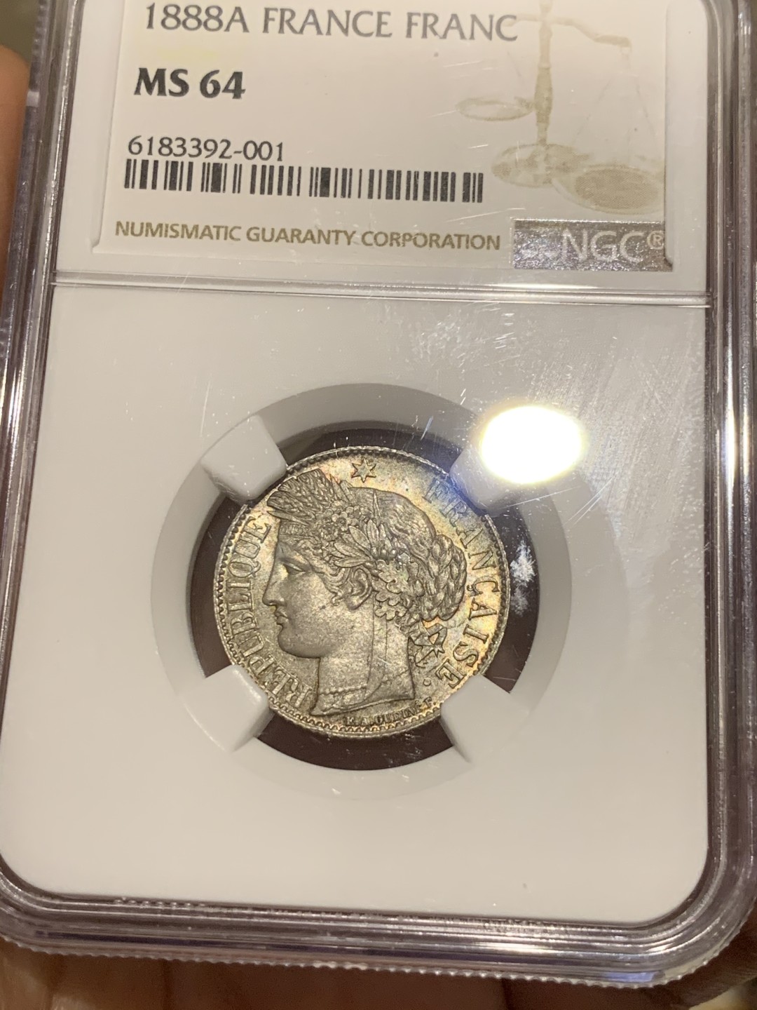 《竞宝斋》第53场（献给最美的劳动者，祝五一快乐！）-本周日，周一2场连拍（全场不限金额包邮） NGC-MS64 1888A 法国 1法郎 银币 谷物女神头像 背面五彩包浆