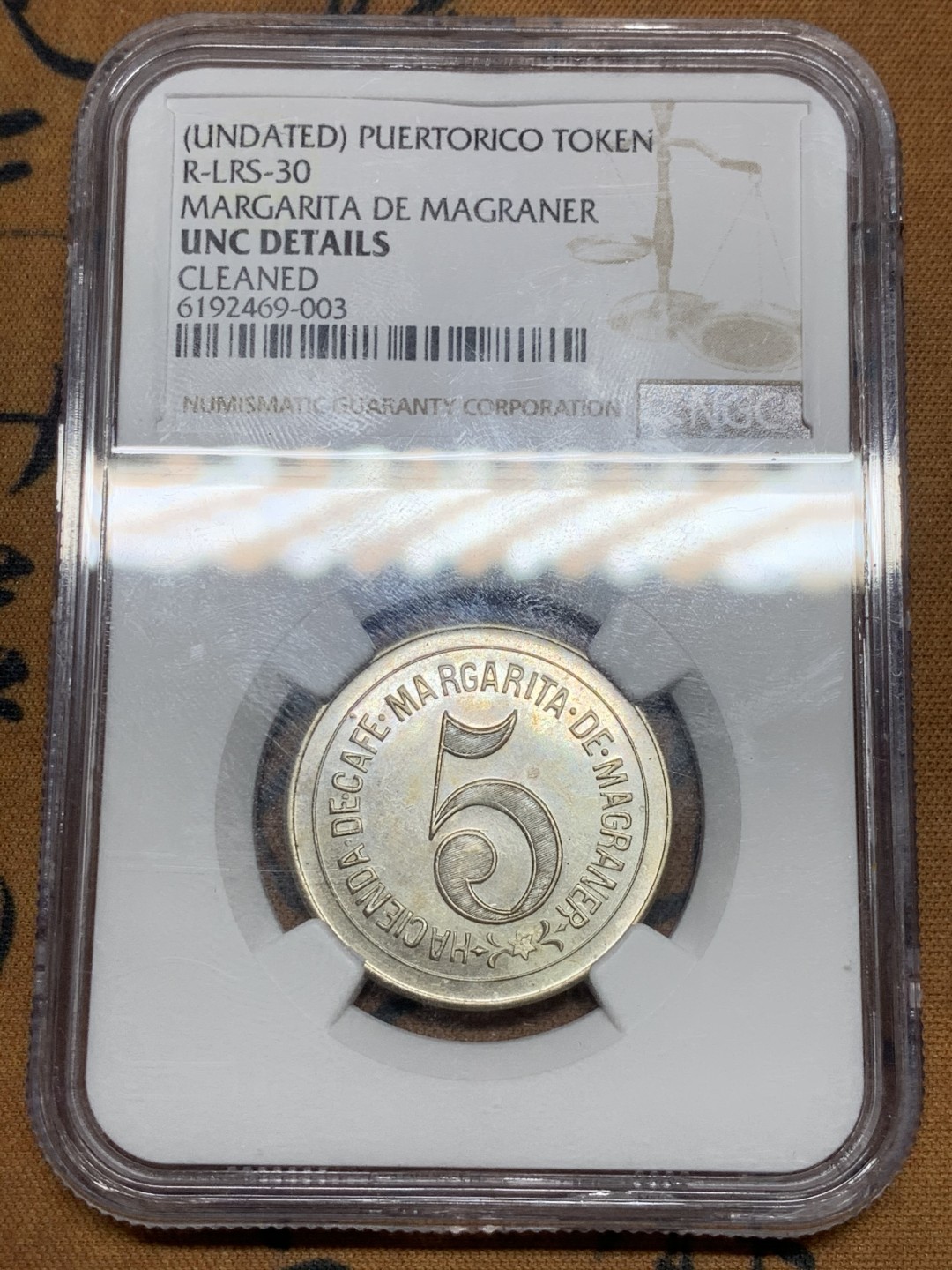 《竞宝斋》第53场（献给最美的劳动者，祝五一快乐！）-本周日，周一2场连拍（全场不限金额包邮）  NGC UNC  波多黎各1920年5分代用币 该枚少见品种 带彩背面花式精美 