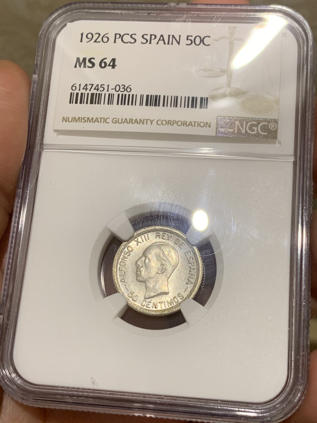 《竞宝斋》第53场（献给最美的劳动者，祝五一快乐！）-本周日，周一2场连拍（全场不限金额包邮） NGC MS64 西班牙 1926年 阿方索十三世 50分 银币 难得高分 细节很好