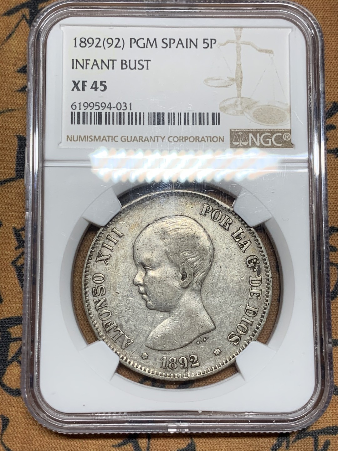 《竞宝斋》第53场（献给最美的劳动者，祝五一快乐！）-本周日，周一2场连拍（全场不限金额包邮） NGC XF45 西班牙 1892年 小光头 5比塞塔 双柱银币 头发都非常的清晰