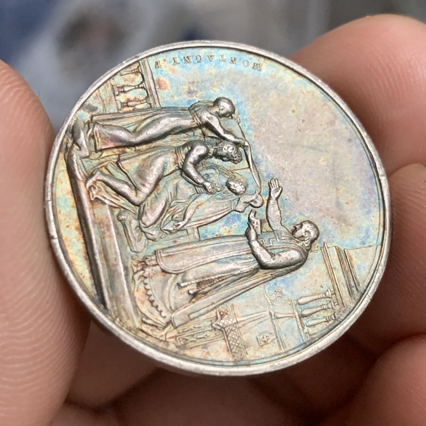 《竞宝斋》第53场（献给最美的劳动者，祝五一快乐！）-本周日，周一2场连拍（全场不限金额包邮） 法国 1832-1841年 深五彩 银质婚章 11.3克 29.5mm直径 神灯边铭