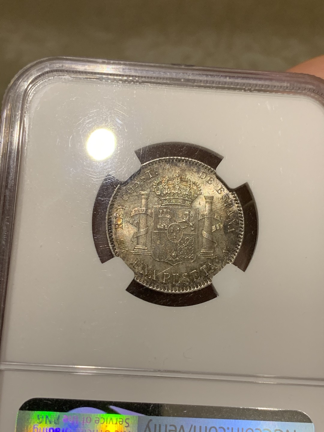 《竞宝斋》第53场（献给最美的劳动者，祝五一快乐！）-本周日，周一2场连拍（全场不限金额包邮） NGC-MS63 1900 SMV 西班牙 1比塞塔 银币 男童头像 背面五彩包浆