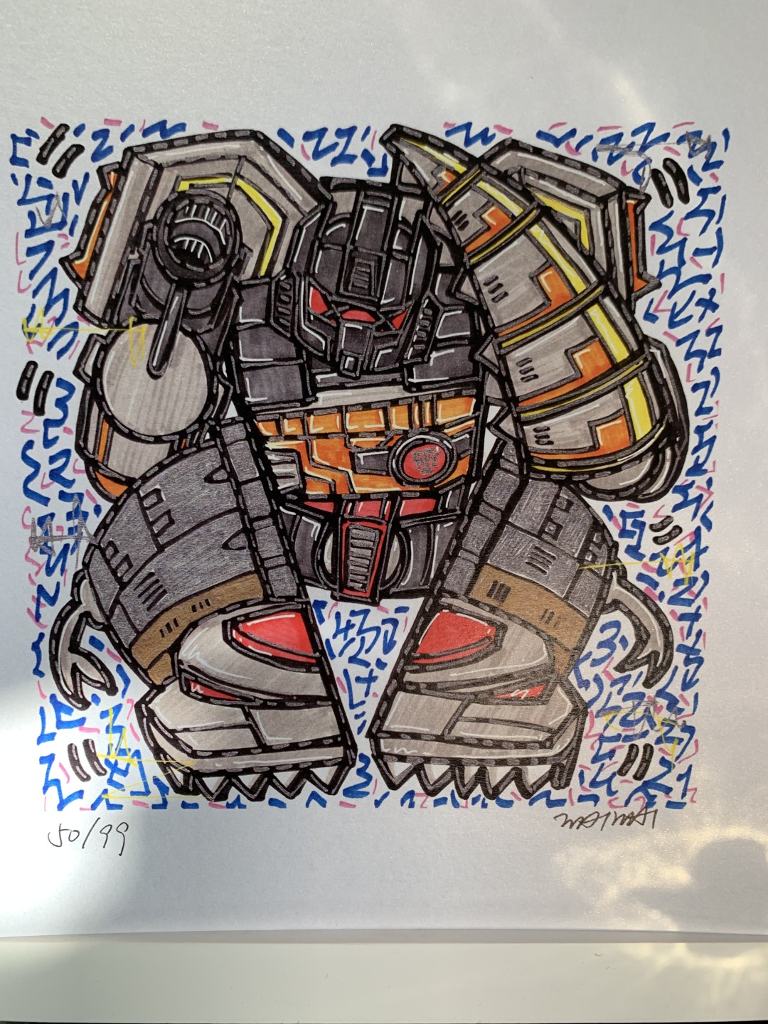 零元拍：歪歪亲笔签名 OWSON系列限量插画复制画《变形金刚系列：钢索》，尺寸约22/22厘米，拍品不含镜框