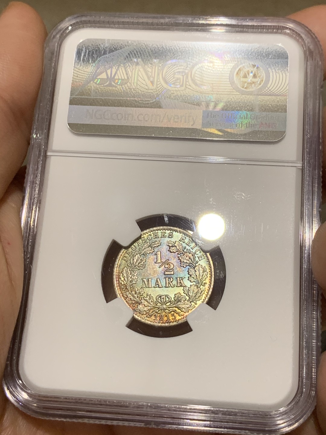 《竞宝斋》第53场（献给最美的劳动者，祝五一快乐！）-本周日，周一2场连拍（全场不限金额包邮） NGC MS65 德国 1915年 双面五彩 1/2马克 银币 包浆非常漂亮