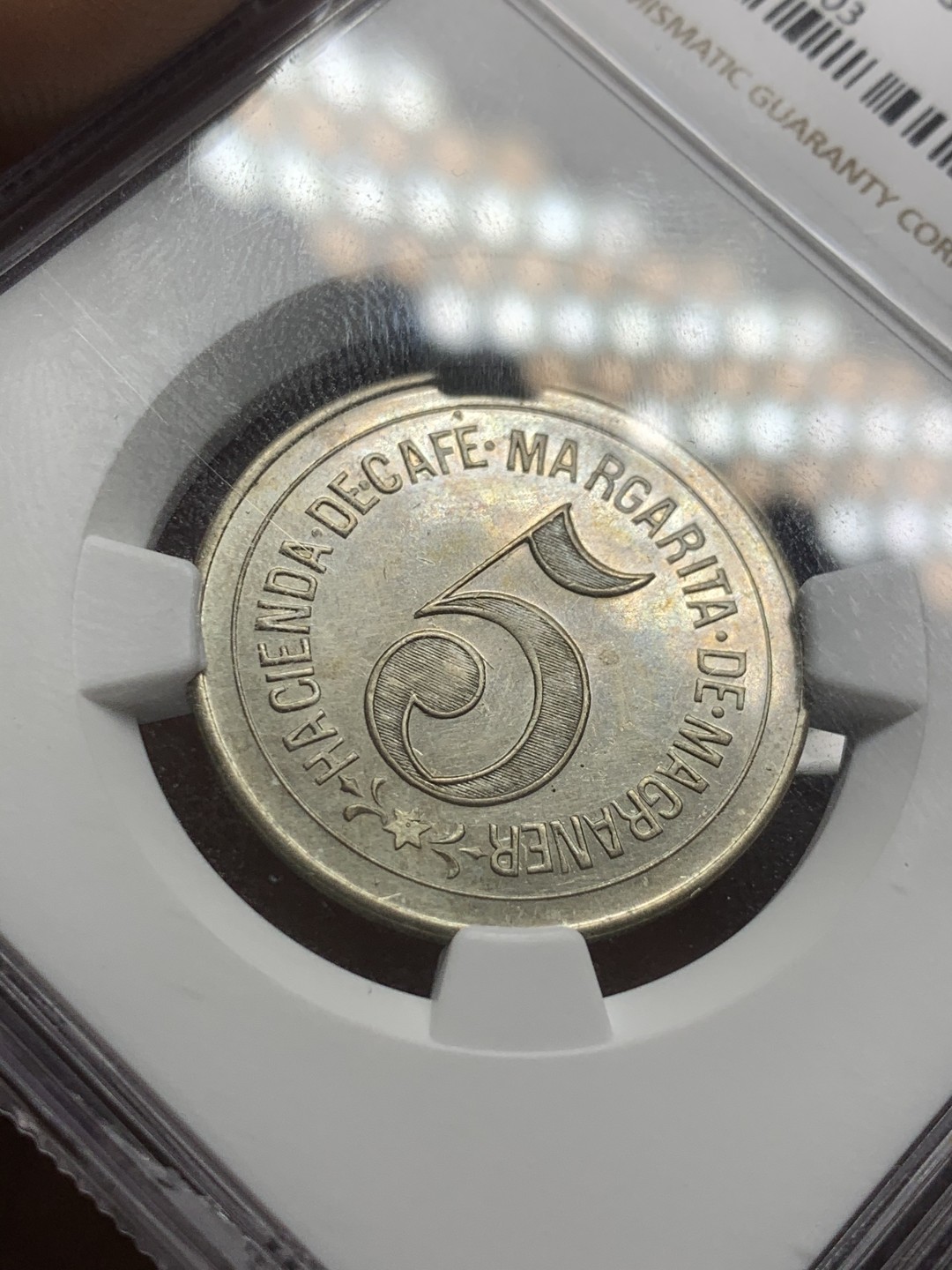 《竞宝斋》第53场（献给最美的劳动者，祝五一快乐！）-本周日，周一2场连拍（全场不限金额包邮）  NGC UNC  波多黎各1920年5分代用币 该枚少见品种 带彩背面花式精美 