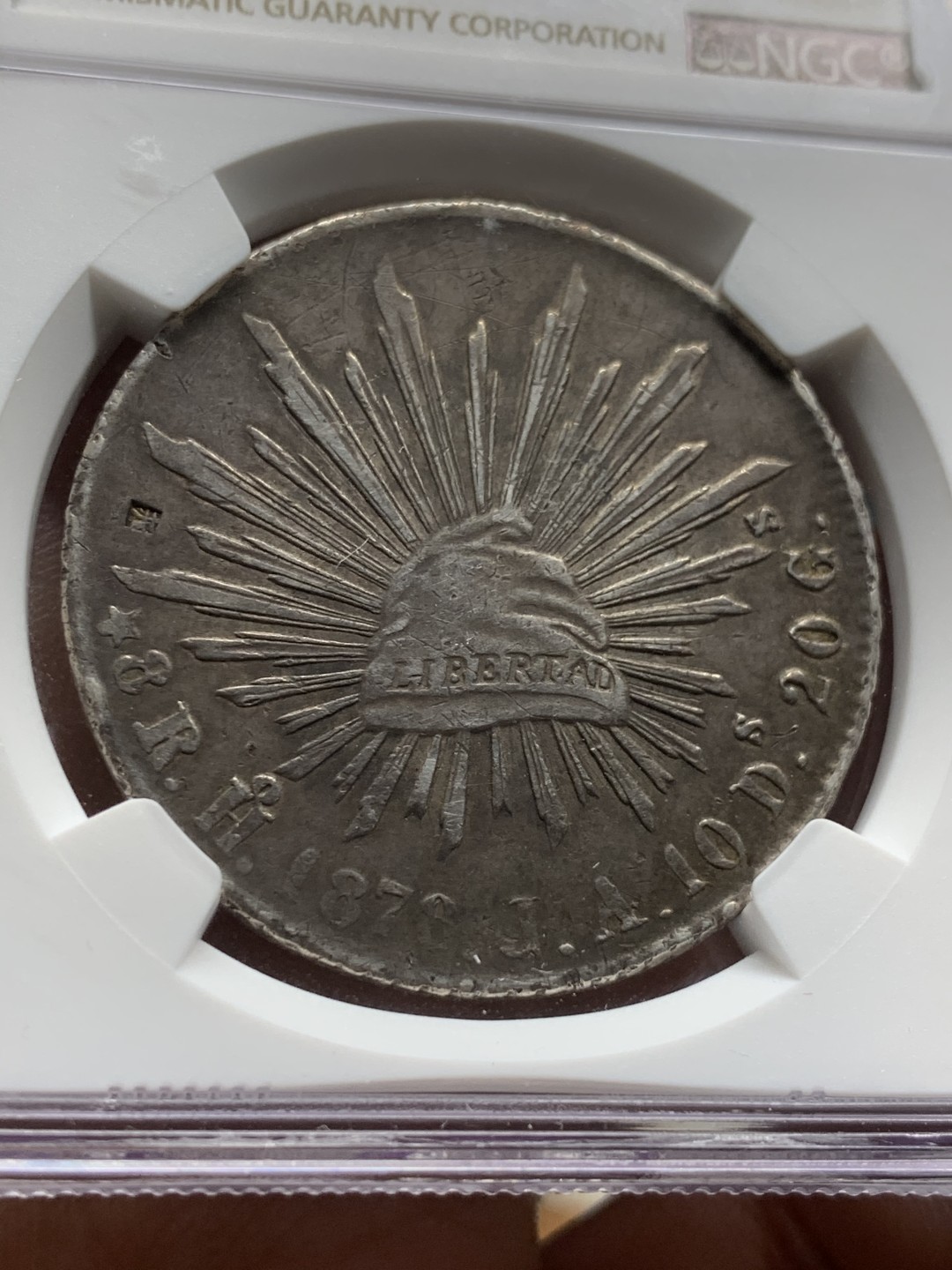 《竞宝斋》第53场（献给最美的劳动者，祝五一快乐！）-本周日，周一2场连拍（全场不限金额包邮） NGC XF 墨西哥1878年 墨西哥鹰洋(HOJA)原汁原味 双面黑包浆 鹰面铜钱样戳 另带汉字“上”字戳