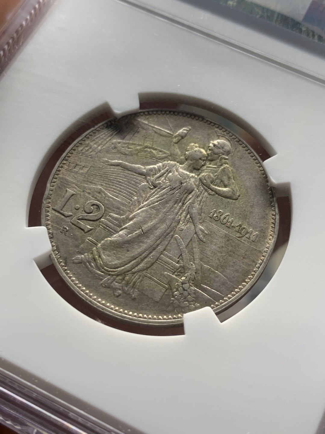 《竞宝斋》第53场（献给最美的劳动者，祝五一快乐！）-本周日，周一2场连拍（全场不限金额包邮） NGC AU53 意大利1911年建国50周年托奶2里拉银币