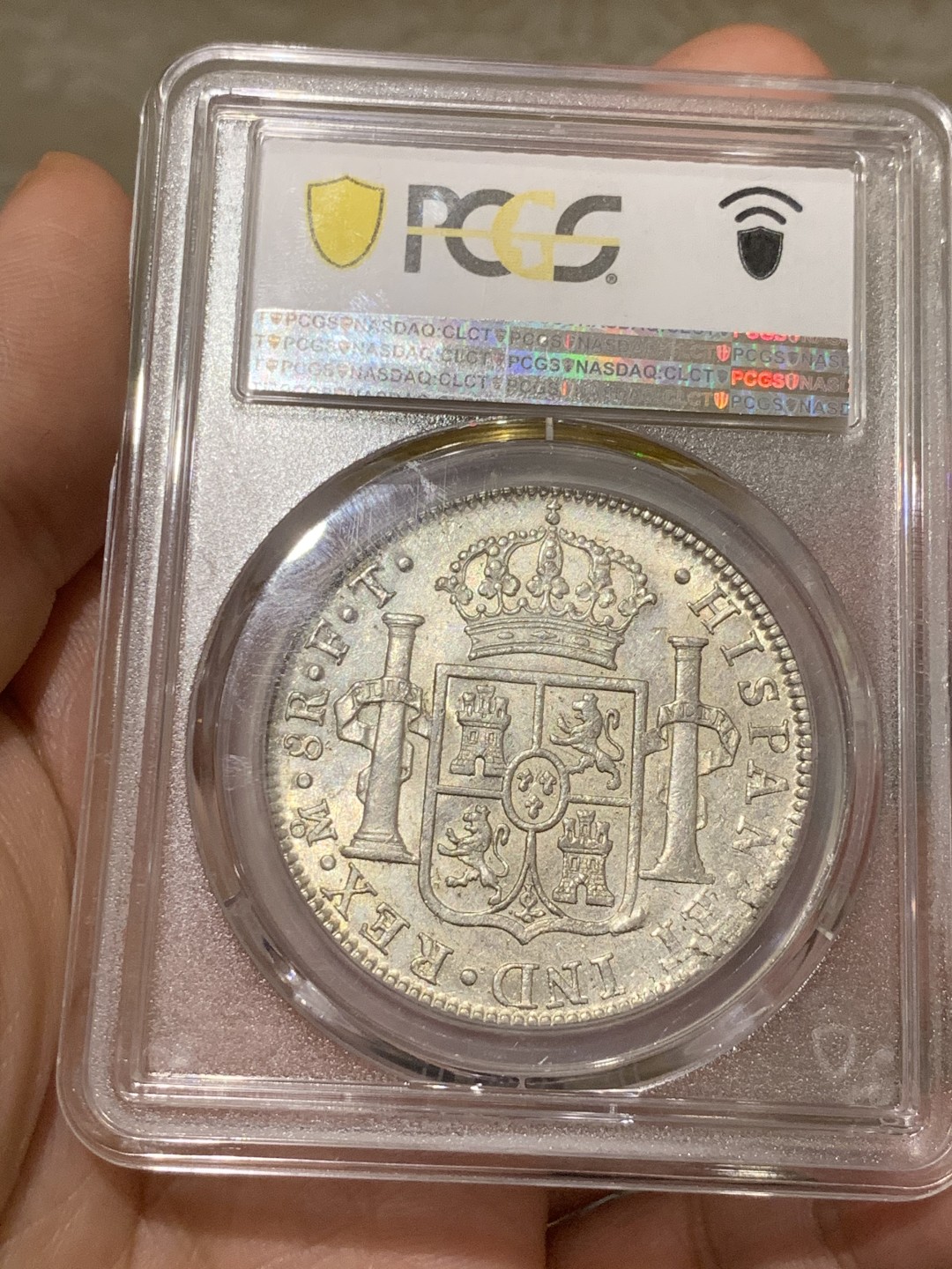 《竞宝斋》第53场（献给最美的劳动者，祝五一快乐！）-本周日，周一2场连拍（全场不限金额包邮） PCGS-MS62 墨西哥双柱 卡洛斯四世 1802  8里亚尔 卡四早期双柱成交很少 淡金色包浆 深打大热门 外拍已飞