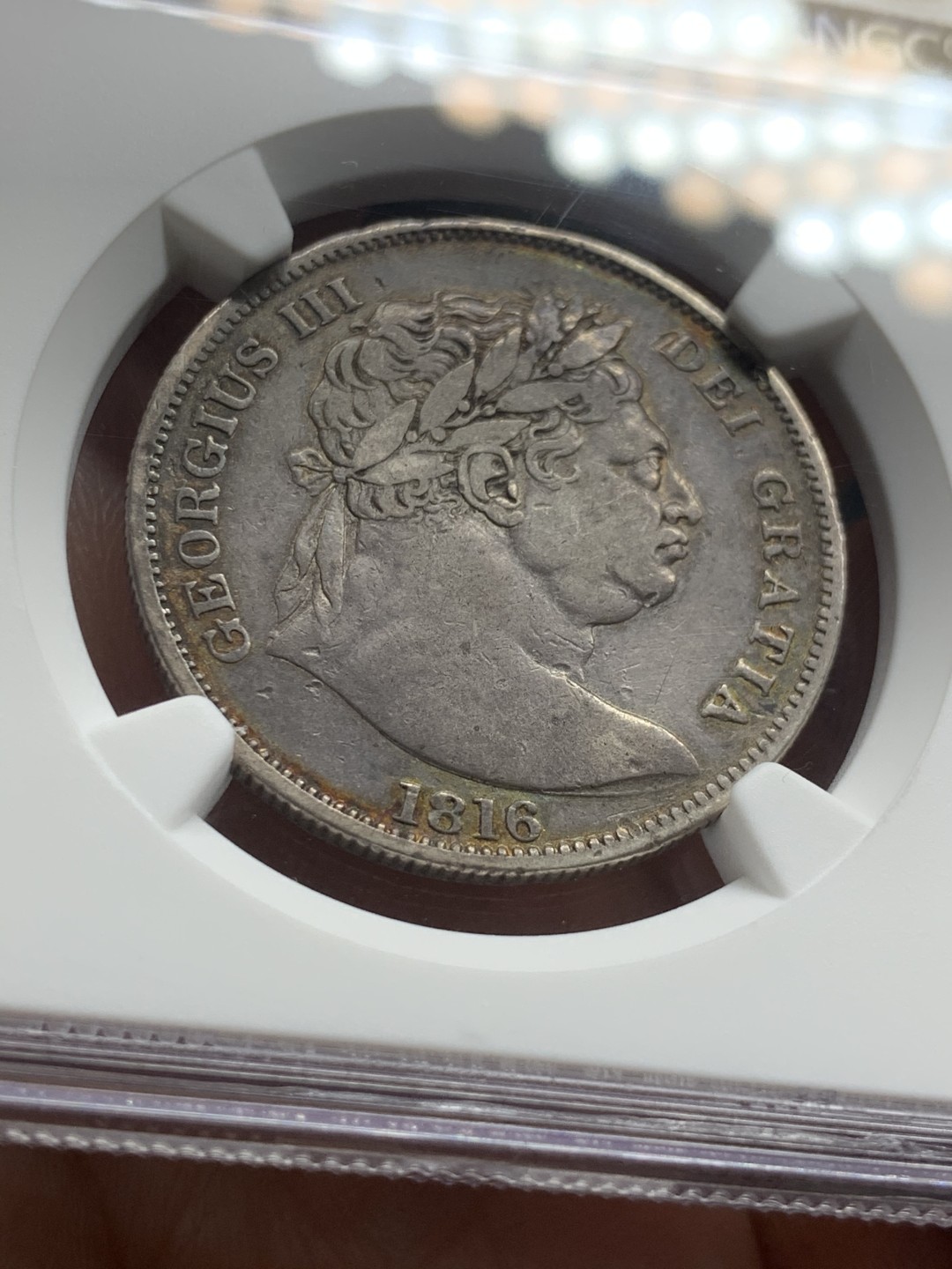 《竞宝斋》第53场（献给最美的劳动者，祝五一快乐！）-本周日，周一2场连拍（全场不限金额包邮） NGC XF40 英国 1816年 乔三 牛头版 半克朗 银币 淡金色包浆 细节优秀