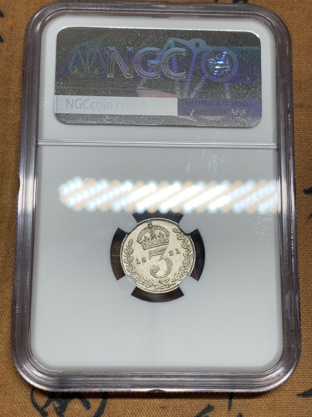 《竞宝斋》第53场（献给最美的劳动者，祝五一快乐！）-本周日，周一2场连拍（全场不限金额包邮） NGC-AU58 1921年英国三便士，底板不错，乔五模具差导致略有低评，数字“3”处有模裂可以看出模具状态