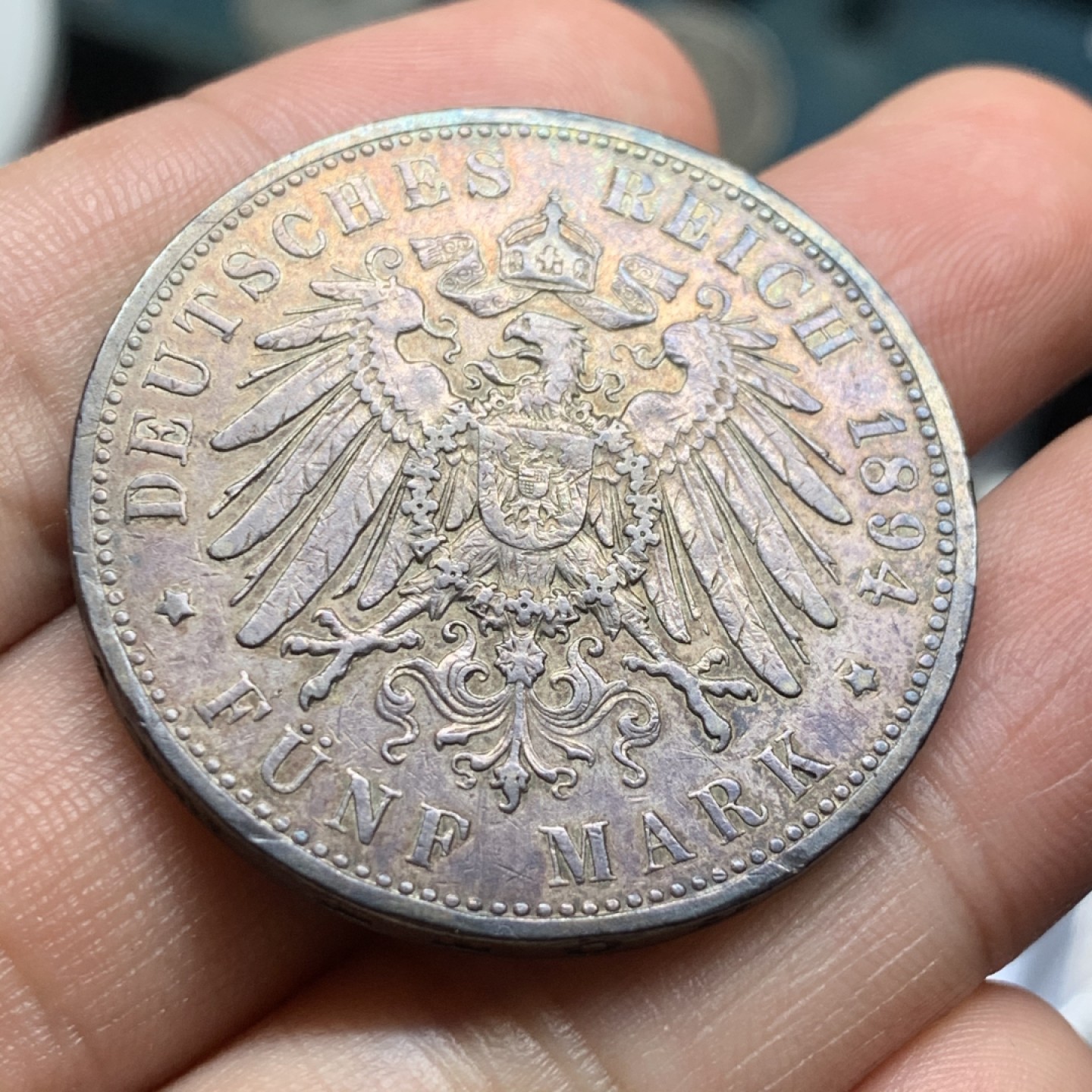 《竞宝斋》第53场（献给最美的劳动者，祝五一快乐！）-本周日，周一2场连拍（全场不限金额包邮） 1894年德国汉堡自由市5马克、双狮马克、老包浆、黑彩、好品、裸币