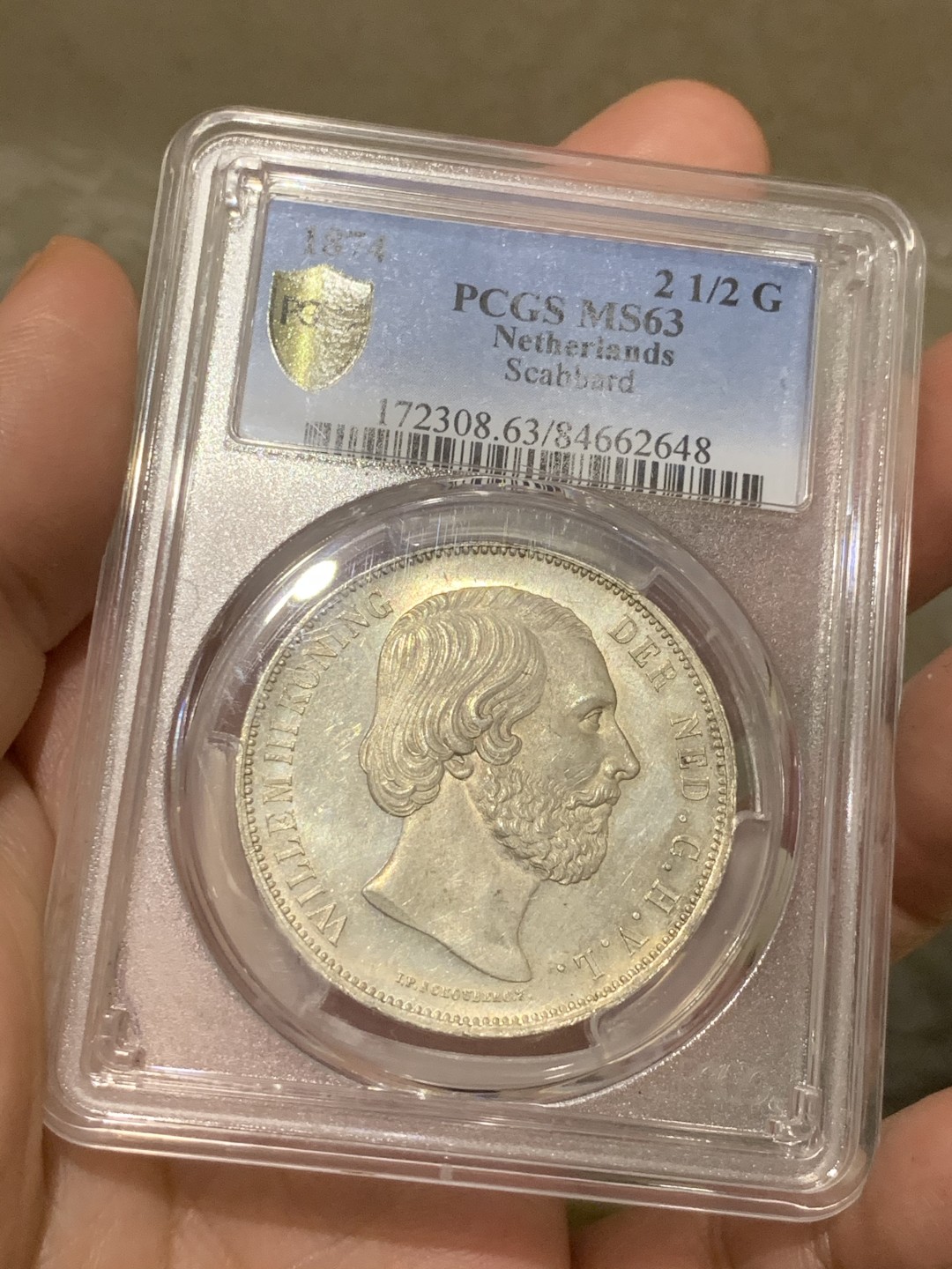 《竞宝斋》第53场（献给最美的劳动者，祝五一快乐！）-本周日，周一2场连拍（全场不限金额包邮） 季军分 PCGS-MS63 荷兰 1874年威廉三世 2.5盾银币 945含银量，细节无可挑剔，发丝高点具在，地面PL感 难得