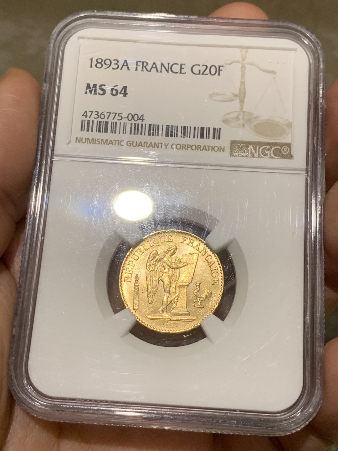 《竞宝斋》第53场（献给最美的劳动者，祝五一快乐！）-本周日，周一2场连拍（全场不限金额包邮） NGC MS64 法国1893年天使20法郎金币幸运金币