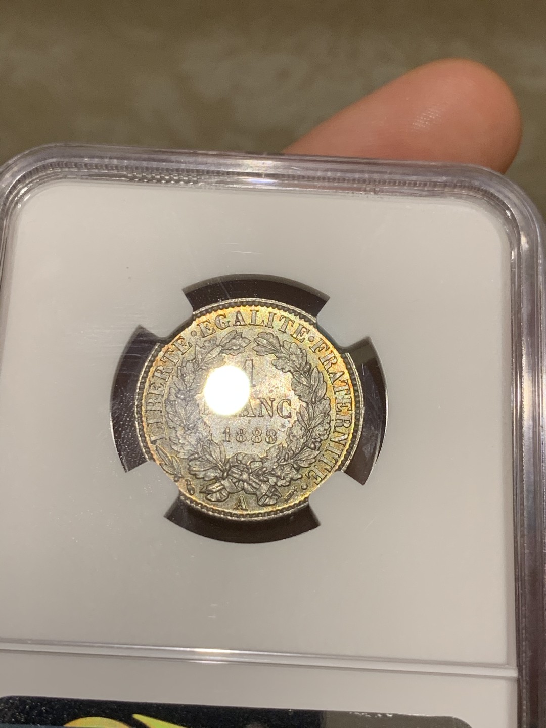 《竞宝斋》第53场（献给最美的劳动者，祝五一快乐！）-本周日，周一2场连拍（全场不限金额包邮） NGC-MS64 1888A 法国 1法郎 银币 谷物女神头像 背面五彩包浆