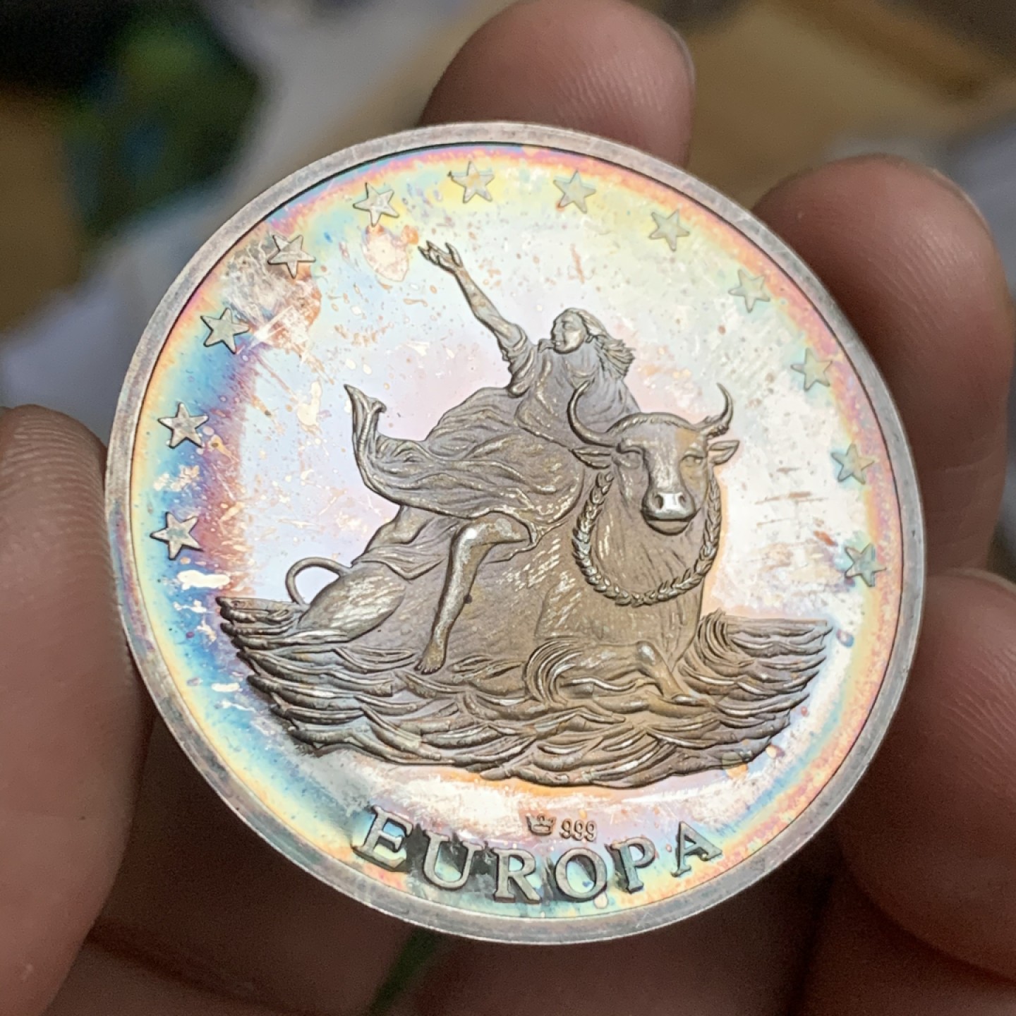 《竞宝斋》第53场（献给最美的劳动者，祝五一快乐！）-本周日，周一2场连拍（全场不限金额包邮） 德意志联邦共和国 1993 年 骑牛女神 欧元 银币 999含银 40.1直径 9.9克 五彩漂亮