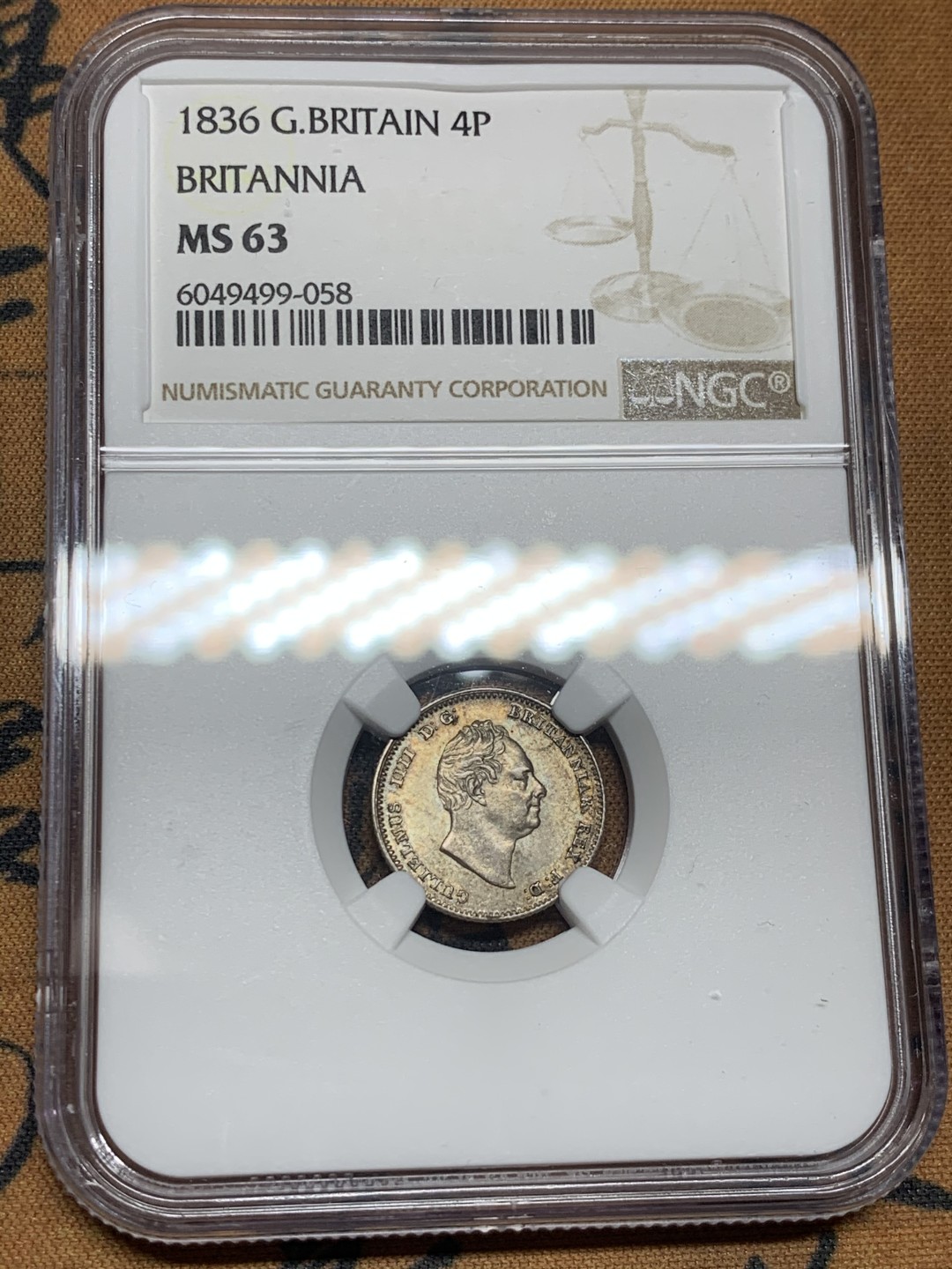 《竞宝斋》第53场（献给最美的劳动者，祝五一快乐！）-本周日，周一2场连拍（全场不限金额包邮） NGC-MS63 1836年英国威廉四世4便士银币 不列颠女神坐像版，主要用于英属圭亚那