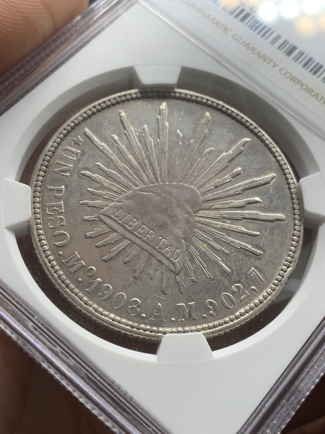 《竞宝斋》第53场（献给最美的劳动者，祝五一快乐！）-本周日，周一2场连拍（全场不限金额包邮） NGC 评级 墨西哥1908年 直边鹰洋 底板光感好 淡包浆 状态不错