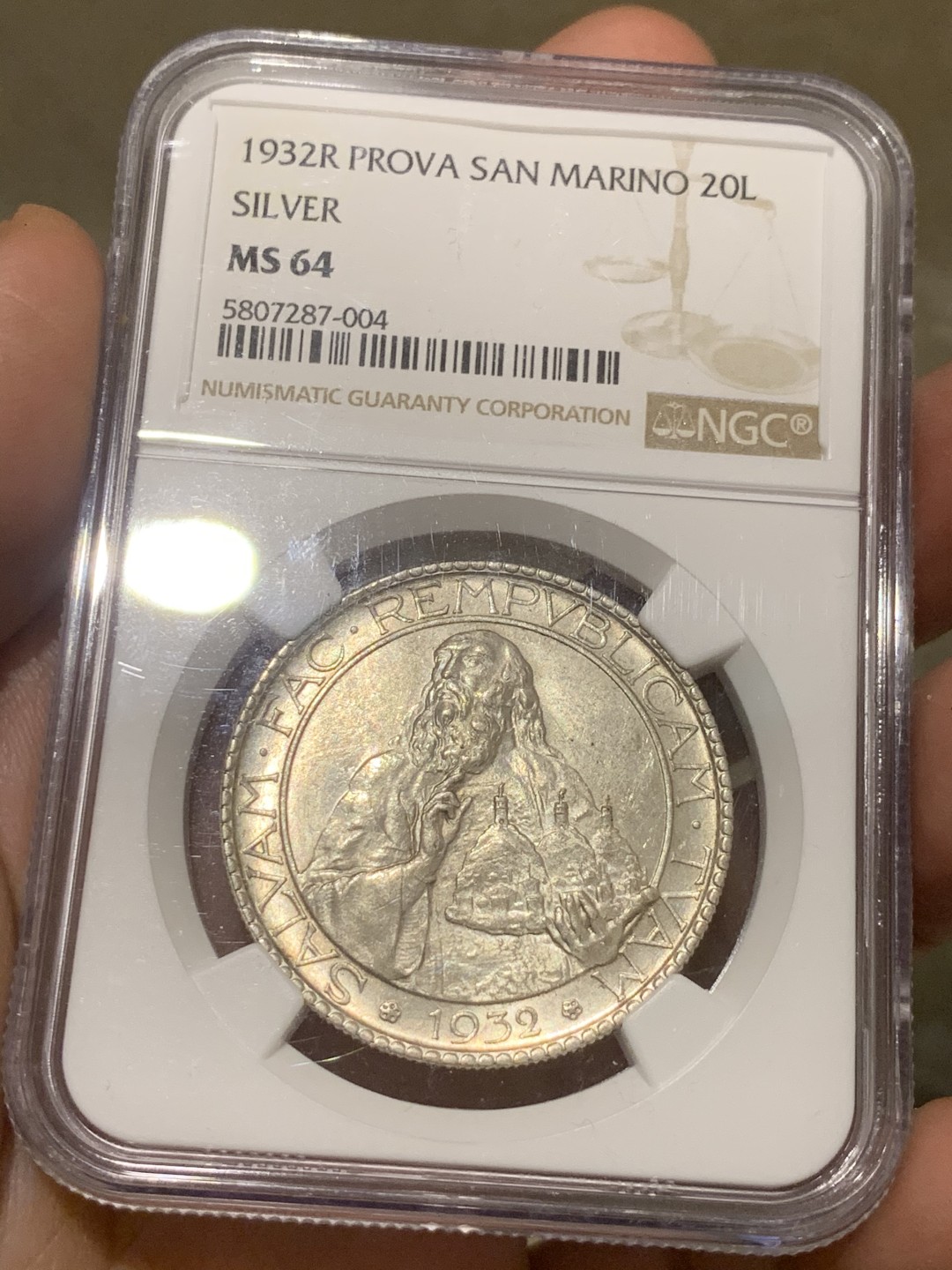 《竞宝斋》第53场（献给最美的劳动者，祝五一快乐！）-本周日，周一2场连拍（全场不限金额包邮） NGC-MS64圣马力诺1932年20里拉银币，底板光滑，光泽度很好