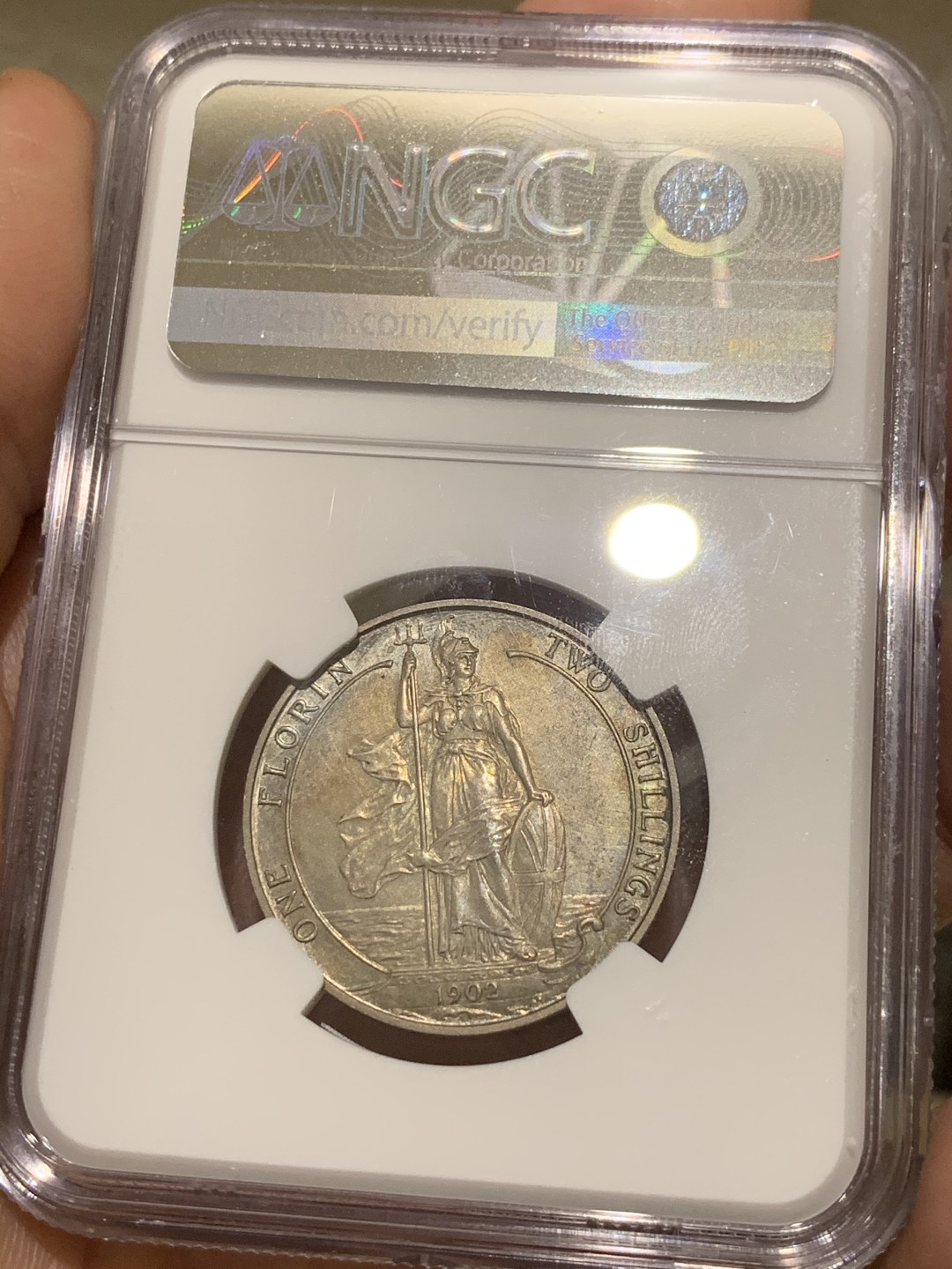 《竞宝斋》第53场（献给最美的劳动者，祝五一快乐！）-本周日，周一2场连拍（全场不限金额包邮） NGC PF62MATTE 英国1902年爱德华七世国王头像海神1弗洛林（2先令）精制银币