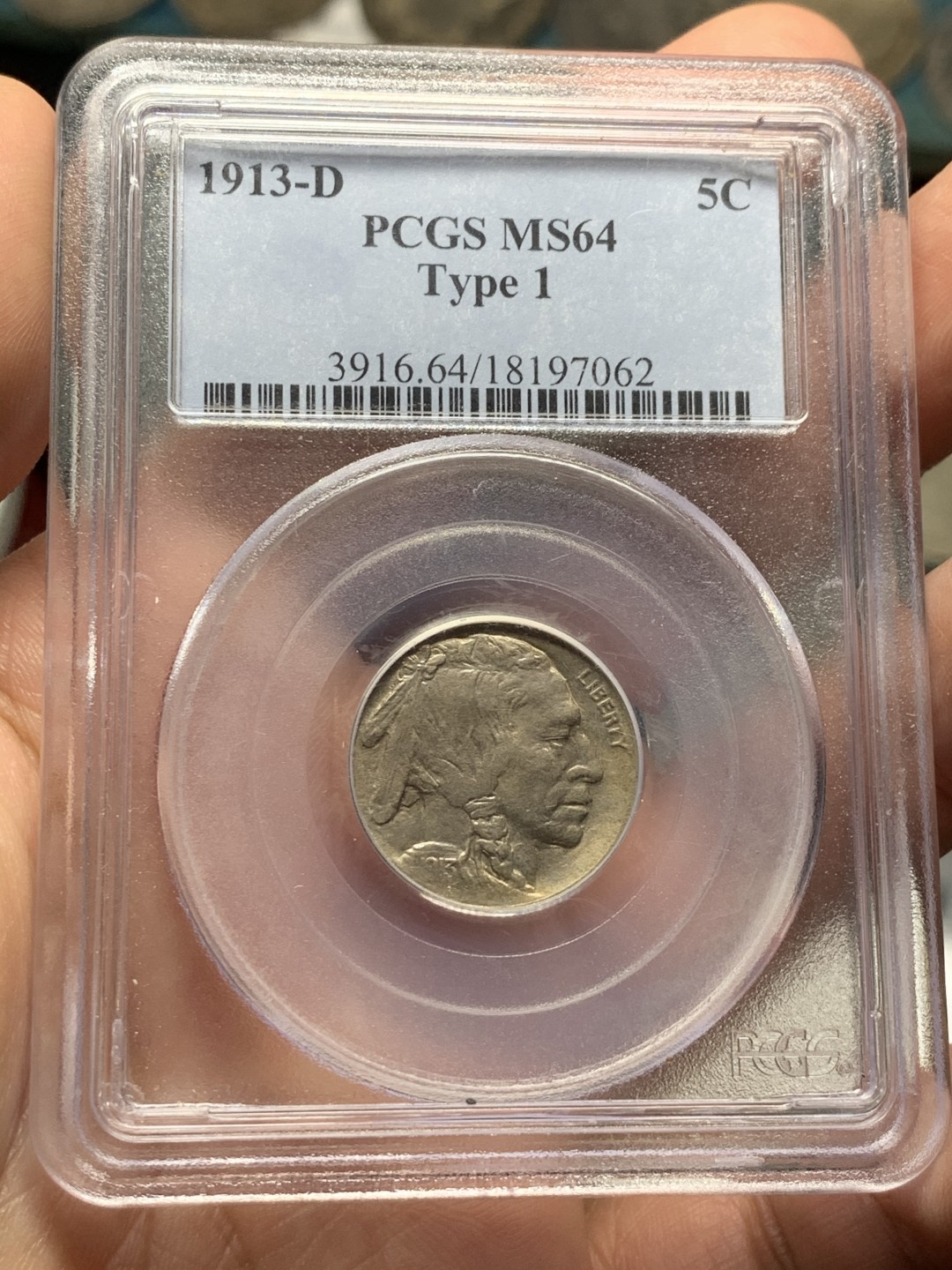 《竞宝斋》第53场（献给最美的劳动者，祝五一快乐！）-本周日，周一2场连拍（全场不限金额包邮） PCGS MS64 TYPE1美国1913年印第安人野牛5美分D版首发年份稀少版本非常见1938年D版 该币镍彩尤其野牛面 状态好 早期稀少白盒严评