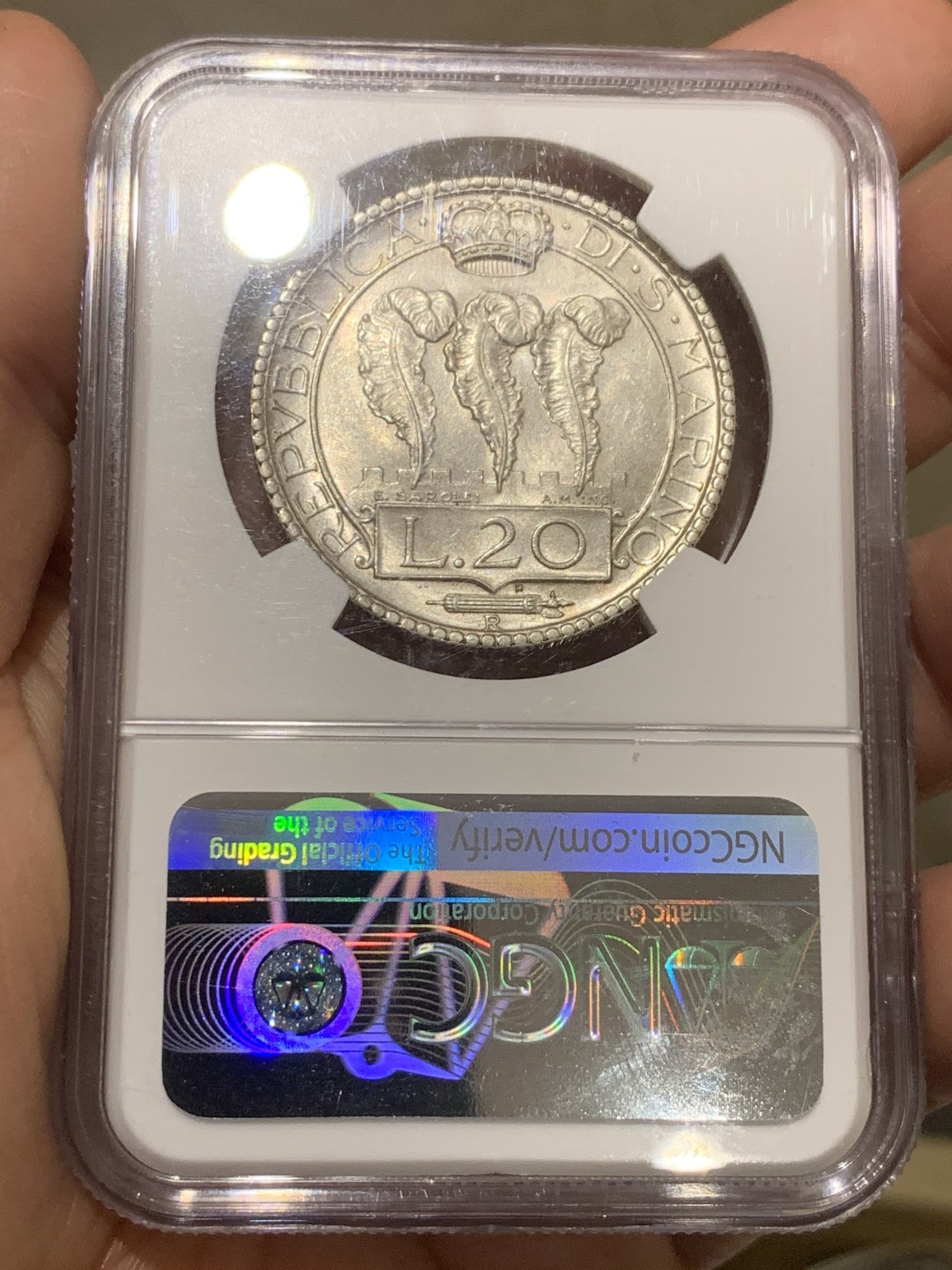 《竞宝斋》第53场（献给最美的劳动者，祝五一快乐！）-本周日，周一2场连拍（全场不限金额包邮） NGC-MS64圣马力诺1932年20里拉银币，底板光滑，光泽度很好