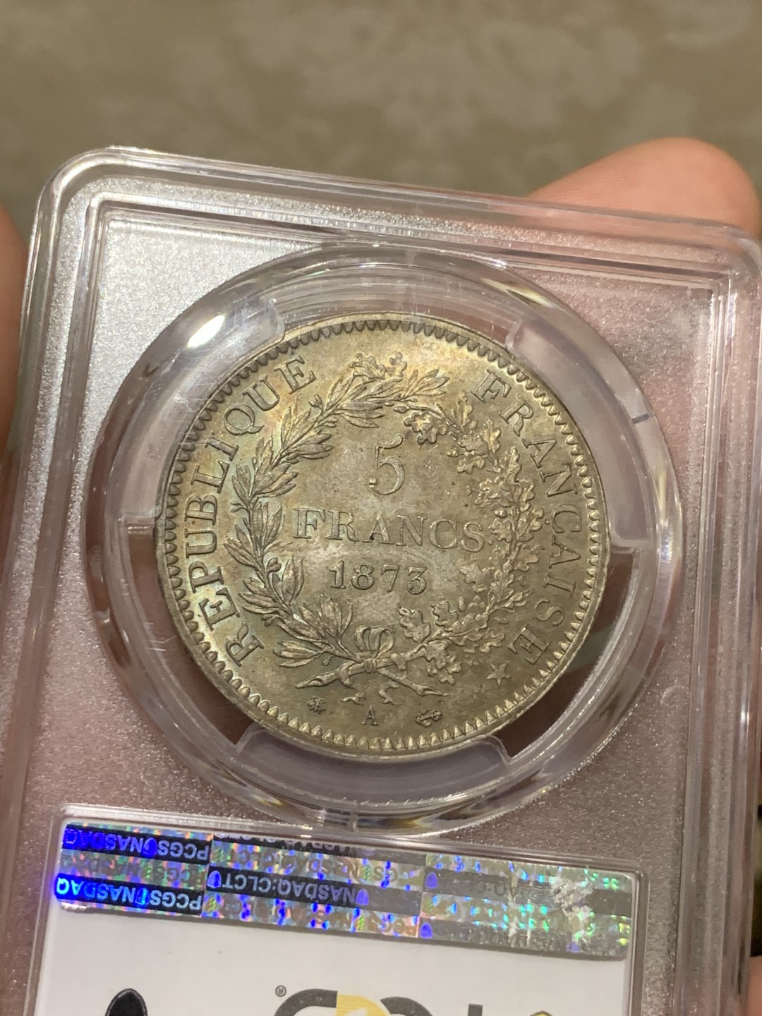 《竞宝斋》第53场（献给最美的劳动者，祝五一快乐！）-本周日，周一2场连拍（全场不限金额包邮） PCGS MS64 法国1873年五彩大力神5法郎银币