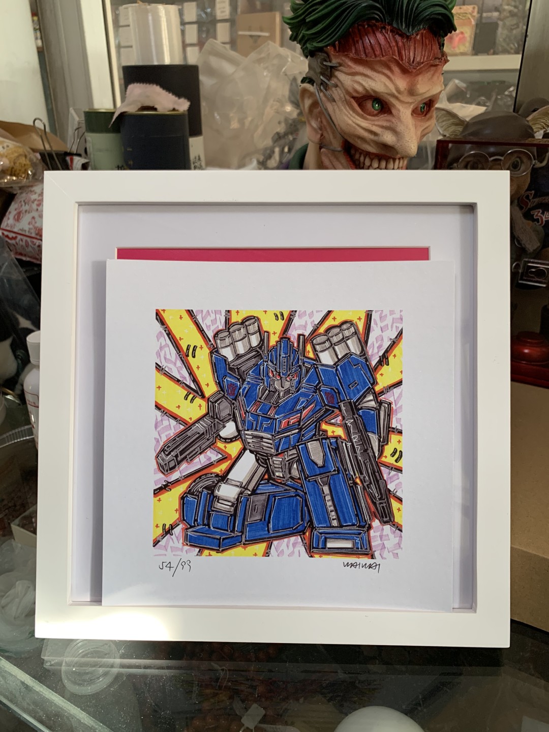 零元拍：歪歪亲笔签名 OWSON系列限量插画复制画《变形金刚系列：通天晓》，尺寸约22/22厘米，拍品不含镜框