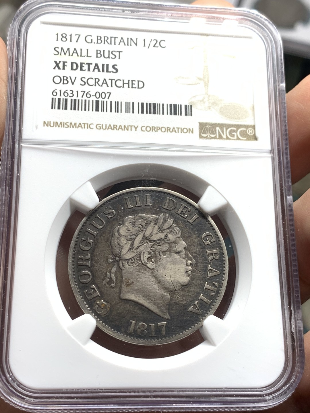 《竞宝斋》第53场（献给最美的劳动者，祝五一快乐！）-本周日，周一2场连拍（全场不限金额包邮） NGC 评级 英国 1817年 乔三小头版 半克朗银币 原味深包浆 磨损小状态佳