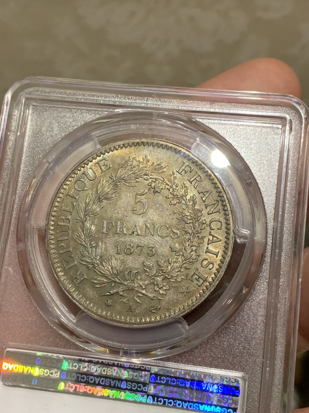 《竞宝斋》第53场（献给最美的劳动者，祝五一快乐！）-本周日，周一2场连拍（全场不限金额包邮） PCGS MS64 法国1873年五彩大力神5法郎银币