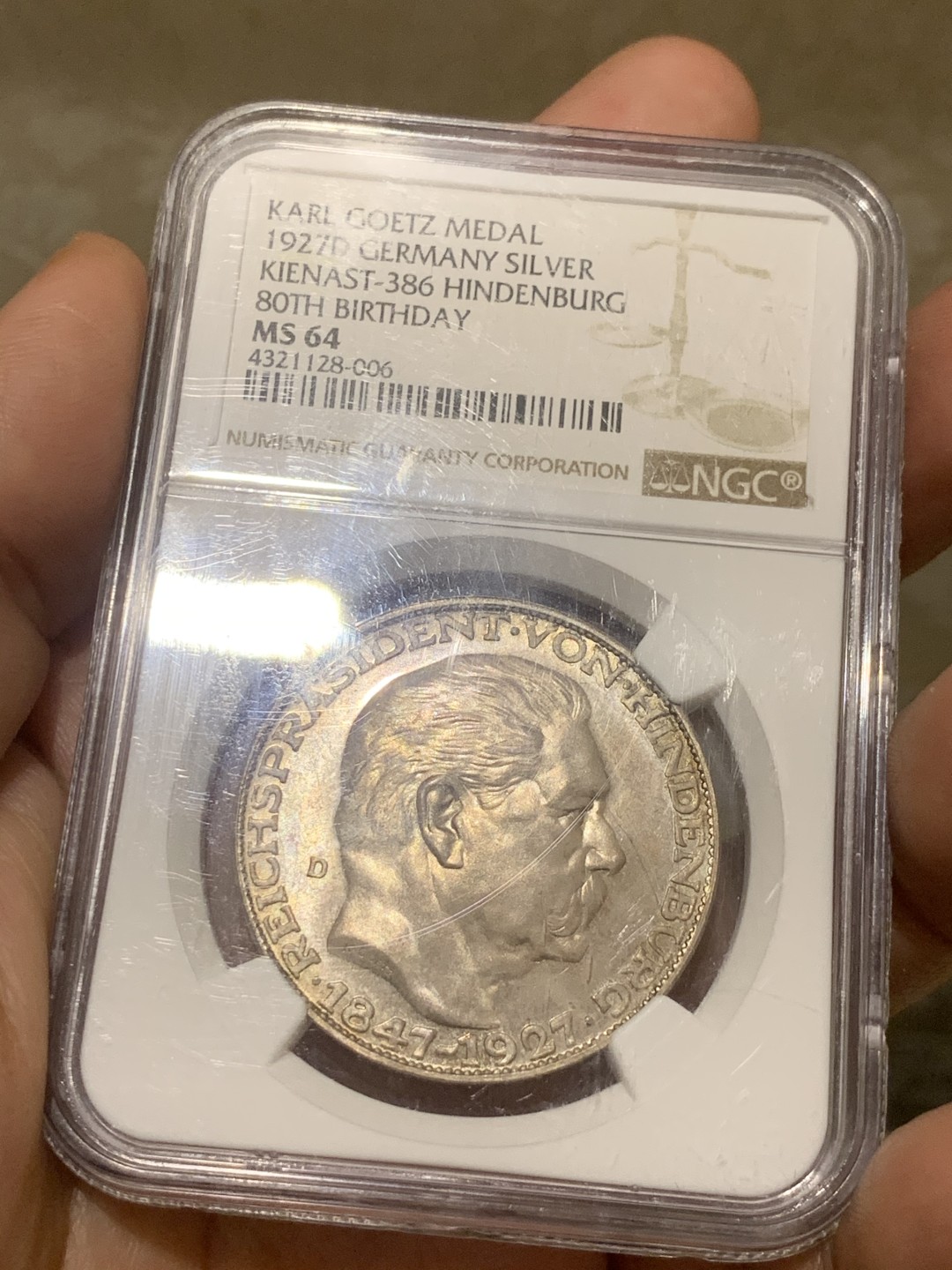 《竞宝斋》第53场（献给最美的劳动者，祝五一快乐！）-本周日，周一2场连拍（全场不限金额包邮） NGC MS64德国1927年兴登堡80大寿5马克币章独一无二的一枚 双面底板强PL效果 普制带PL仅见双面淡粉红彩