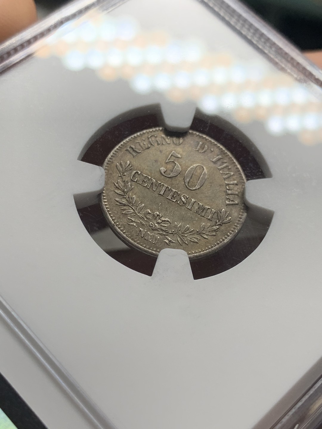 《竞宝斋》第53场（献给最美的劳动者，祝五一快乐！）-本周日，周一2场连拍（全场不限金额包邮） NGC-AU58 意大利1863年那不勒斯50分银币，淡彩好包浆，少见品种，通常见到的都是VF及以下