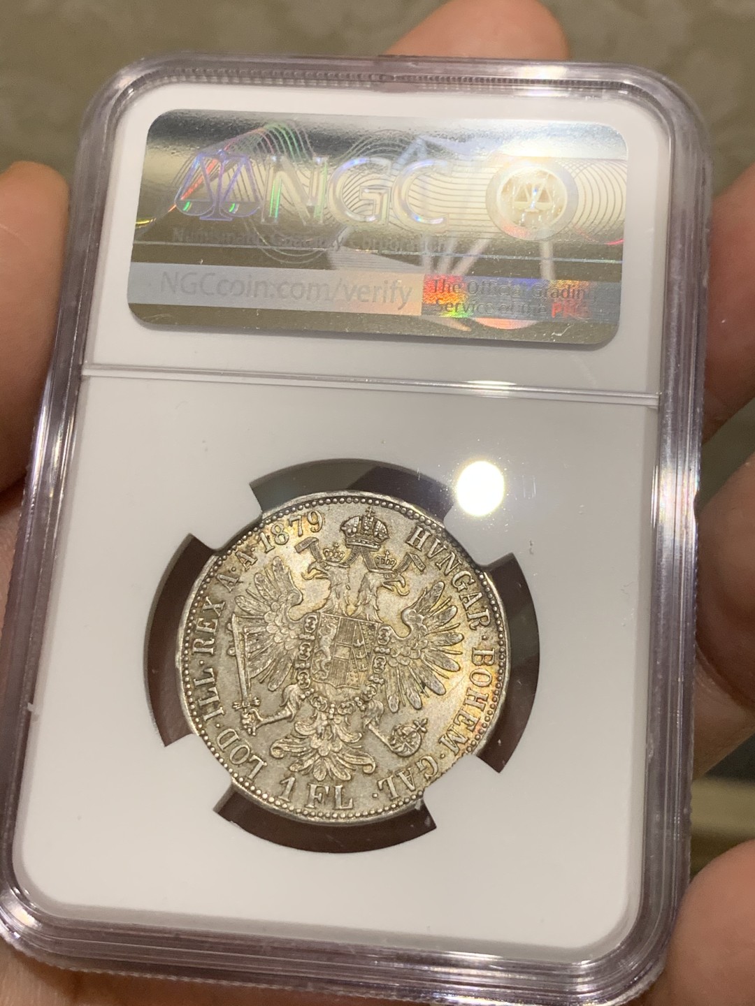 《竞宝斋》第53场（献给最美的劳动者，祝五一快乐！）-本周日，周一2场连拍（全场不限金额包邮） NGC MS63 奥匈帝国 1879年 福林 银币 五彩包浆 发丝清晰 好品看分