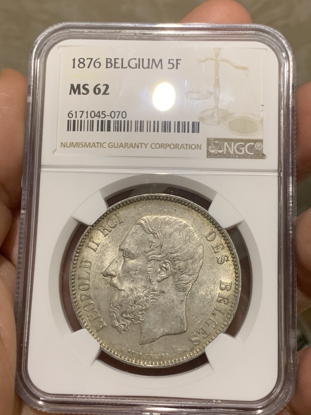 《竞宝斋》第53场（献给最美的劳动者，祝五一快乐！）-本周日，周一2场连拍（全场不限金额包邮） NGC MS62 比利时 1876年 利奥波德二世 5法郎 银币 不多的年份 难得的状态