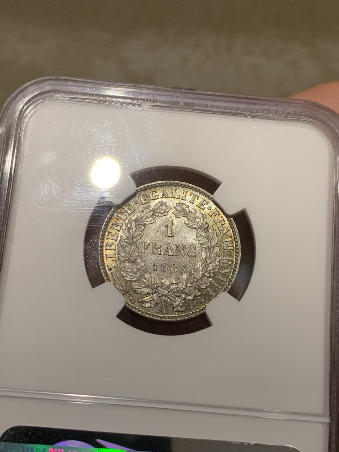 《竞宝斋》第53场（献给最美的劳动者，祝五一快乐！）-本周日，周一2场连拍（全场不限金额包邮） NGC-MS64 1888A 法国 1法郎 银币 谷物女神头像 背面五彩包浆