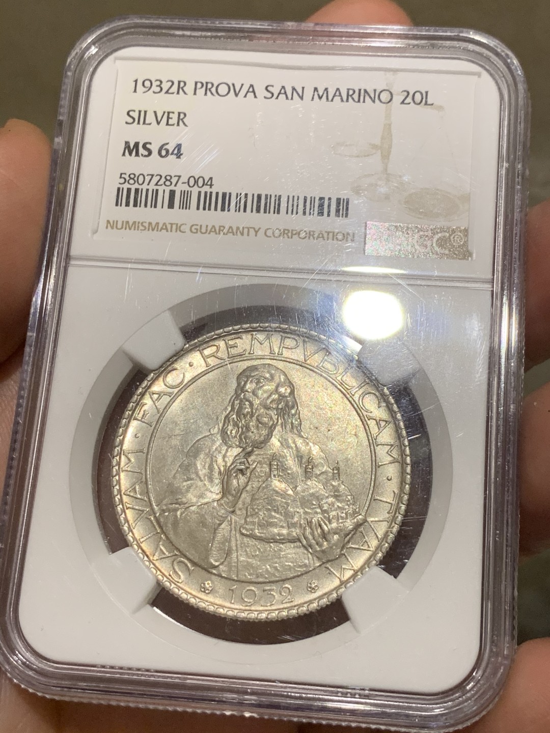《竞宝斋》第53场（献给最美的劳动者，祝五一快乐！）-本周日，周一2场连拍（全场不限金额包邮） NGC-MS64圣马力诺1932年20里拉银币，底板光滑，光泽度很好