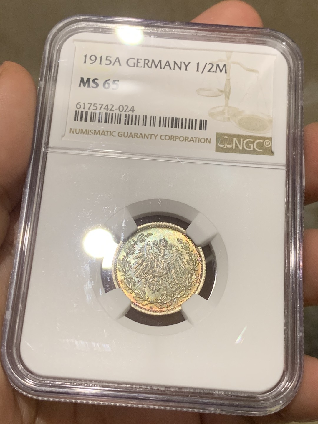 《竞宝斋》第53场（献给最美的劳动者，祝五一快乐！）-本周日，周一2场连拍（全场不限金额包邮） NGC MS65 德国 1915年 双面五彩 1/2马克 银币 包浆非常漂亮