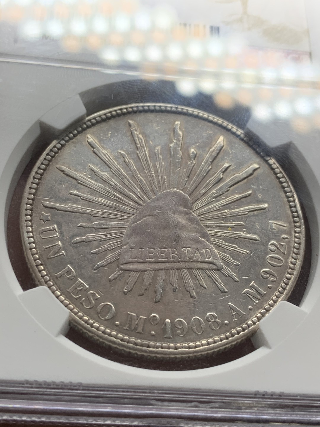 《竞宝斋》第53场（献给最美的劳动者，祝五一快乐！）-本周日，周一2场连拍（全场不限金额包邮） NGC 评级 墨西哥1908年 直边鹰洋 底板光感好 淡包浆 状态不错