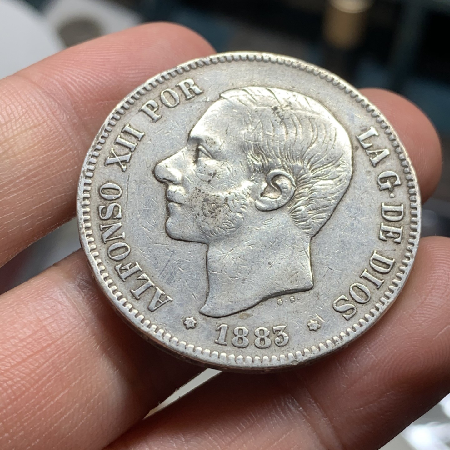 《竞宝斋》第53场（献给最美的劳动者，祝五一快乐！）-本周日，周一2场连拍（全场不限金额包邮） 1883年阿方索十二世双柱银币、5比塞塔、青年版