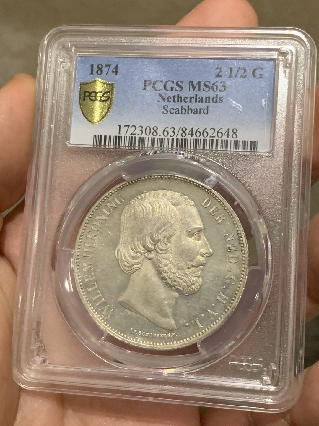 《竞宝斋》第53场（献给最美的劳动者，祝五一快乐！）-本周日，周一2场连拍（全场不限金额包邮） 季军分 PCGS-MS63 荷兰 1874年威廉三世 2.5盾银币 945含银量，细节无可挑剔，发丝高点具在，地面PL感 难得