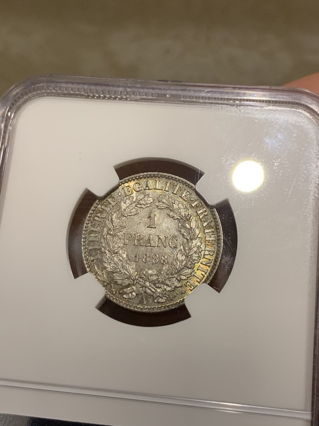 《竞宝斋》第53场（献给最美的劳动者，祝五一快乐！）-本周日，周一2场连拍（全场不限金额包邮） NGC-MS64 1888A 法国 1法郎 银币 谷物女神头像 背面五彩包浆