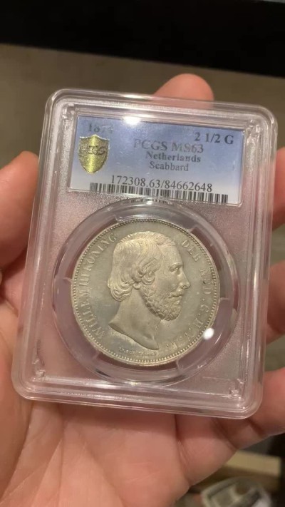 《竞宝斋》第53场（献给最美的劳动者，祝五一快乐！）-本周日，周一2场连拍（全场不限金额包邮） 季军分 PCGS-MS63 荷兰 1874年威廉三世 2.5盾银币 945含银量，细节无可挑剔，发丝高点具在，地面PL感 难得