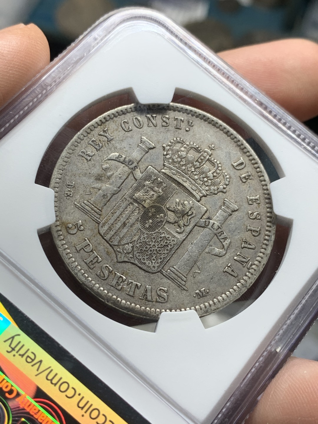 《竞宝斋》第53场（献给最美的劳动者，祝五一快乐！）-本周日，周一2场连拍（全场不限金额包邮） NGC XF45X 西班牙 1878  阿方索十二世 年轻头像 5比塞塔 双柱银币 原味包浆