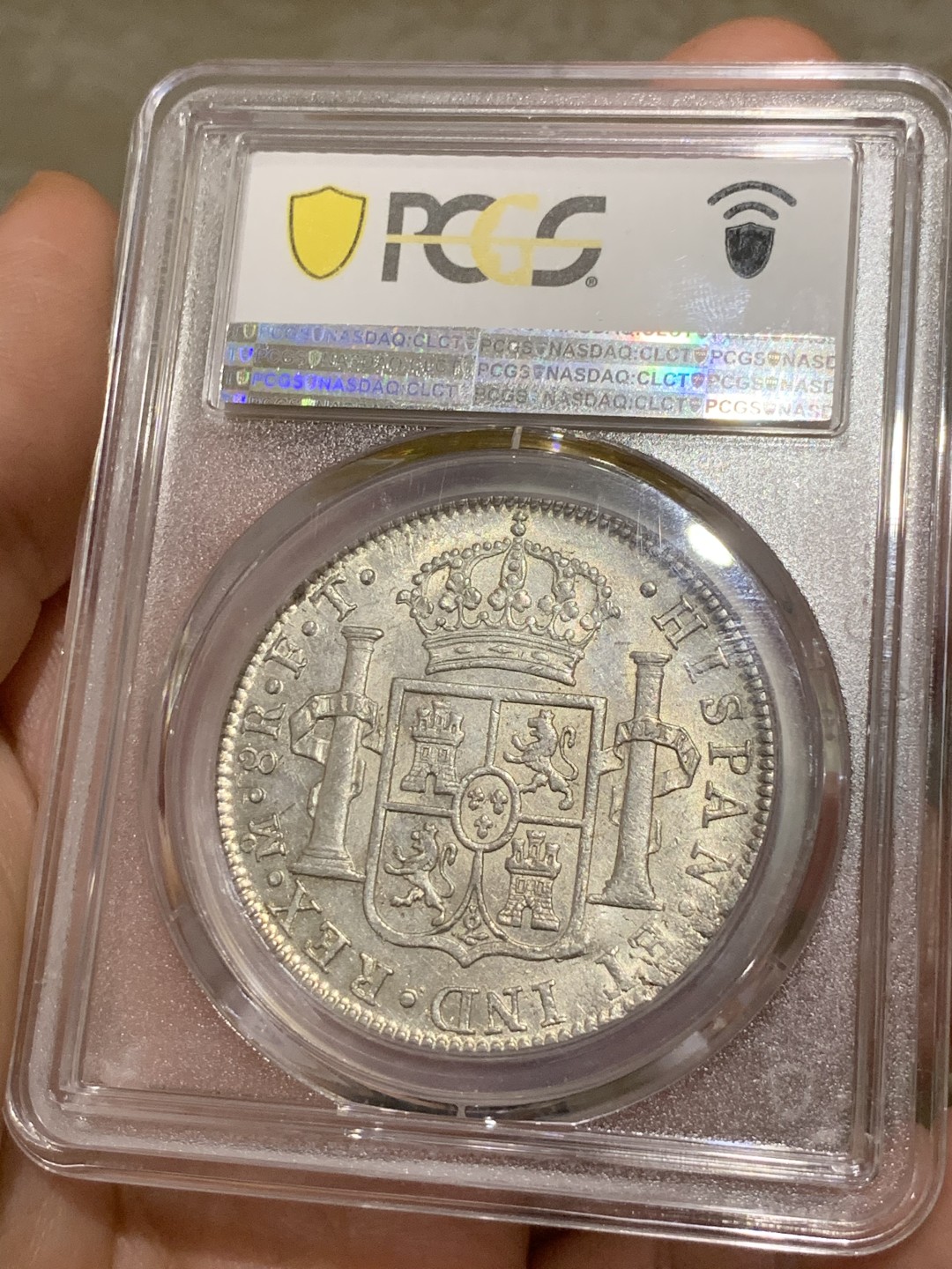 《竞宝斋》第53场（献给最美的劳动者，祝五一快乐！）-本周日，周一2场连拍（全场不限金额包邮） PCGS-MS62 墨西哥双柱 卡洛斯四世 1802  8里亚尔 卡四早期双柱成交很少 淡金色包浆 深打大热门 外拍已飞