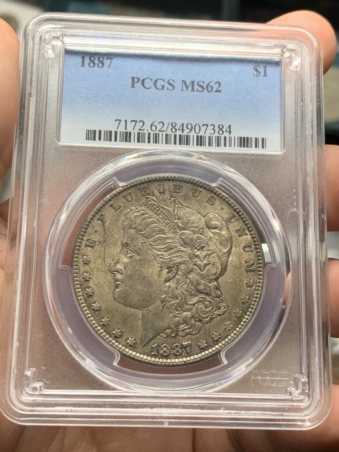 《竞宝斋》第53场（献给最美的劳动者，祝五一快乐！）-本周日，周一2场连拍（全场不限金额包邮） PCGS MS62美国1887年 摩根银币双面灰黑彩 少见彩种 摩根玩家收藏级彩