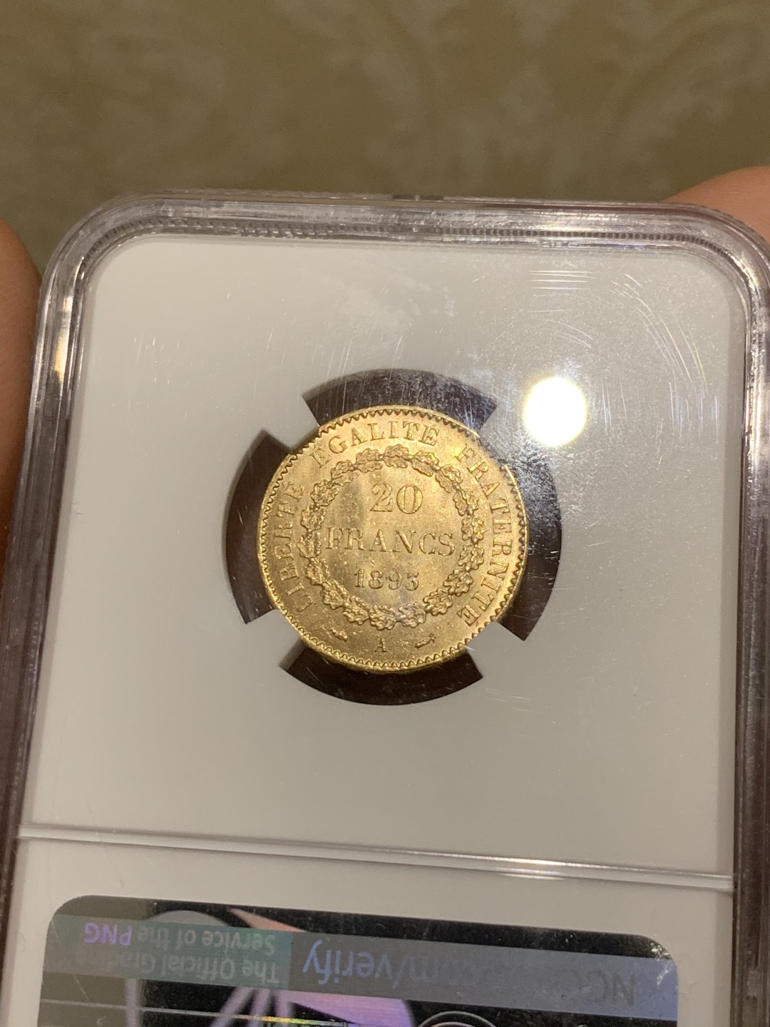 《竞宝斋》第53场（献给最美的劳动者，祝五一快乐！）-本周日，周一2场连拍（全场不限金额包邮） NGC MS64 法国1893年天使20法郎金币幸运金币