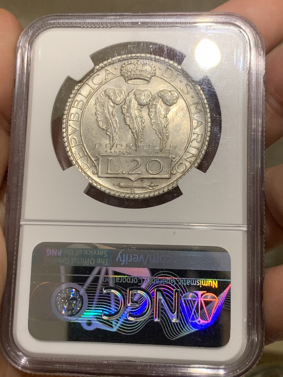 《竞宝斋》第53场（献给最美的劳动者，祝五一快乐！）-本周日，周一2场连拍（全场不限金额包邮） NGC-MS64圣马力诺1932年20里拉银币，底板光滑，光泽度很好