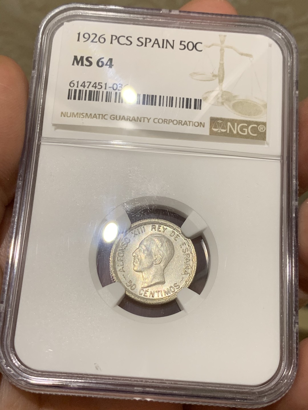 《竞宝斋》第53场（献给最美的劳动者，祝五一快乐！）-本周日，周一2场连拍（全场不限金额包邮） NGC MS64 西班牙 1926年 阿方索十三世 50分 银币 难得高分 细节很好