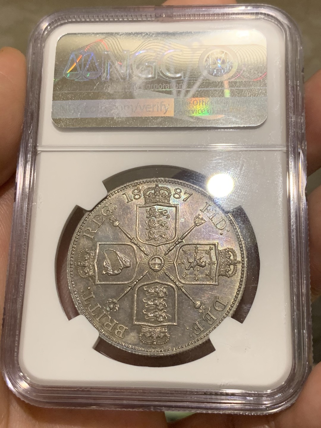 《竞宝斋》第53场（献给最美的劳动者，祝五一快乐！）-本周日，周一2场连拍（全场不限金额包邮） NGC UNCD 英国1887年维多利亚女王高冠头像双弗洛林（4先令）银币