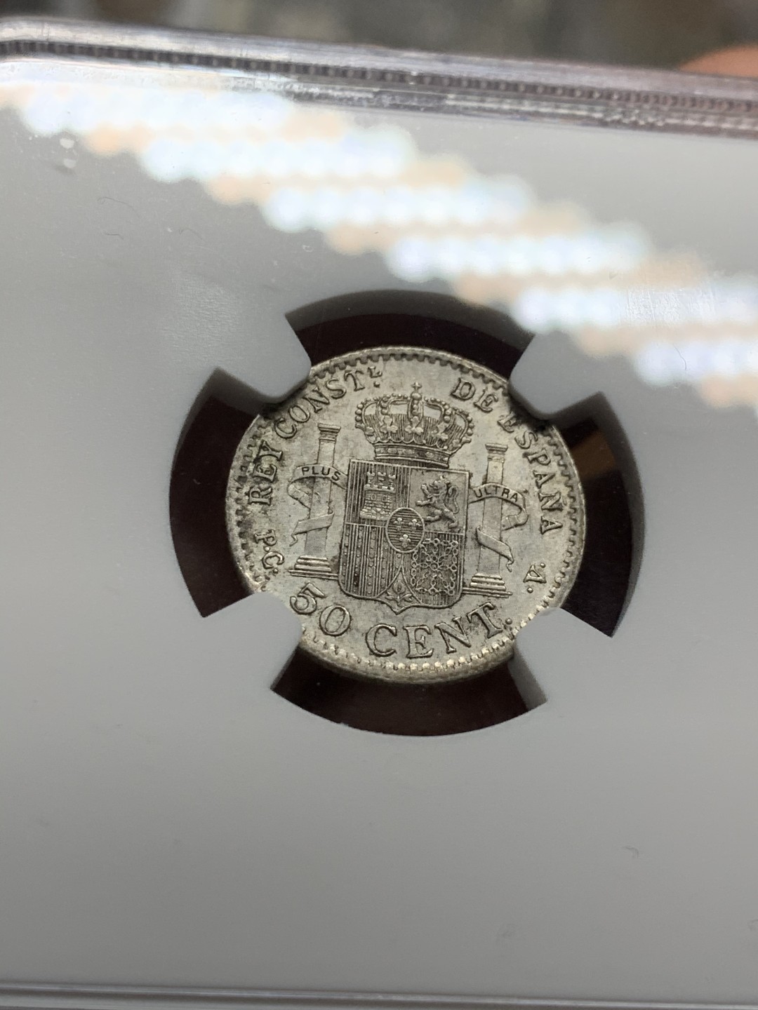 《竞宝斋》第54场-本周日，周一2场连拍（全场不限金额包邮） NGC-MS62 西班牙 1904年 PCV 阿方索十三世 50分 小银币 PCV是比较少见的版式